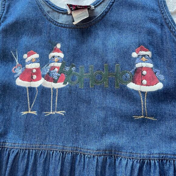 š„Vintage St. Joanne Jeans USA Made Denim Jumper Dress Santa Birds Pockets Sz L - Picture 3 of 9